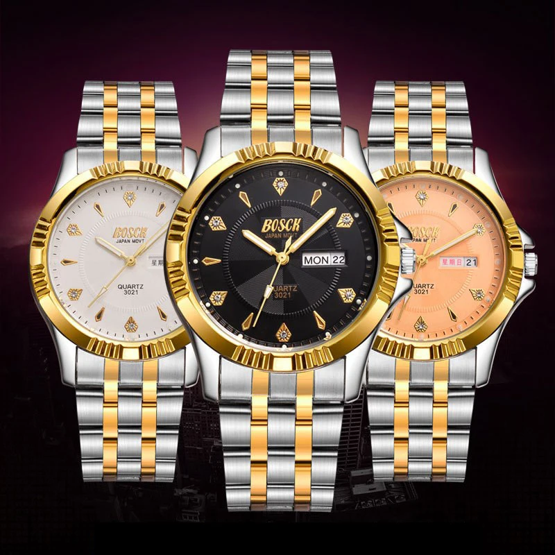 Марка BOSCK Мужские часы Дата День Часы из нержавеющей стали под платье модные