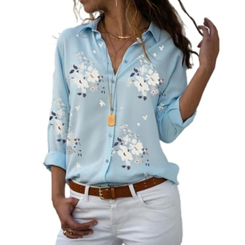 Цветочный принт блузка рубашка женская отложной воротник длинный рукав офисная