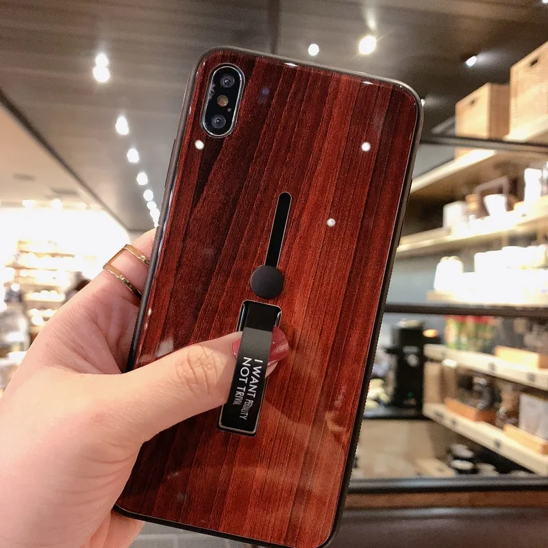 Case for IPhone 7 X XR 8 6S XS 6 Luxury Natural Wooden Grain Loop Ring Cases Iphone Plus Glass Mirror |
