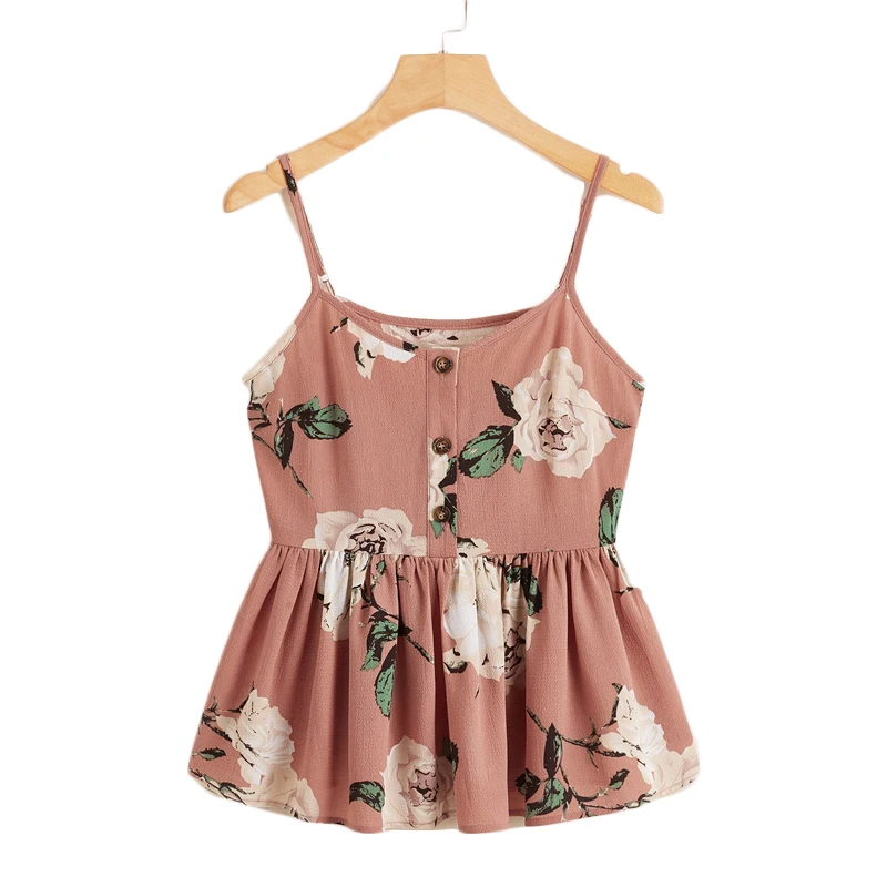 SHEIN многоцветный большой цветочный гофрированный подол Cami Top для женщин Лето кнопка спереди Регулируемый Спагетти ремень без рукавов Boho милые топы