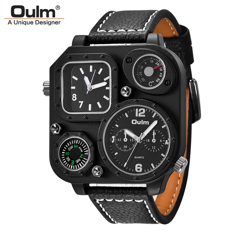 

Oulm Square Men's Watches Two Different Time Zone Watch for Outdoor Sports Men Decorative Compass Unique Male Wrist Watch Hours