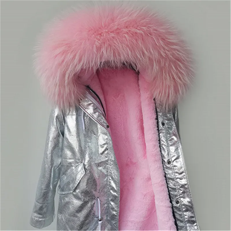 short pink Брендовое пальто из натурального меха, новая парка, Серебряное пальто из искусственной кожи, зимняя куртка для женщин, воротник из натурального меха енота, теплые толстые парки со съемным воротником - Цвет: short pink