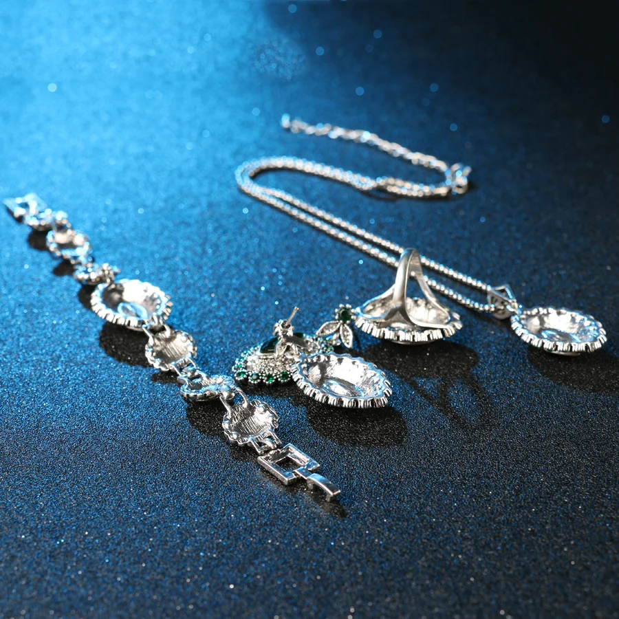 Модные Ювелирные наборы зеленый кристалл цветок свадебный браслет кольцо