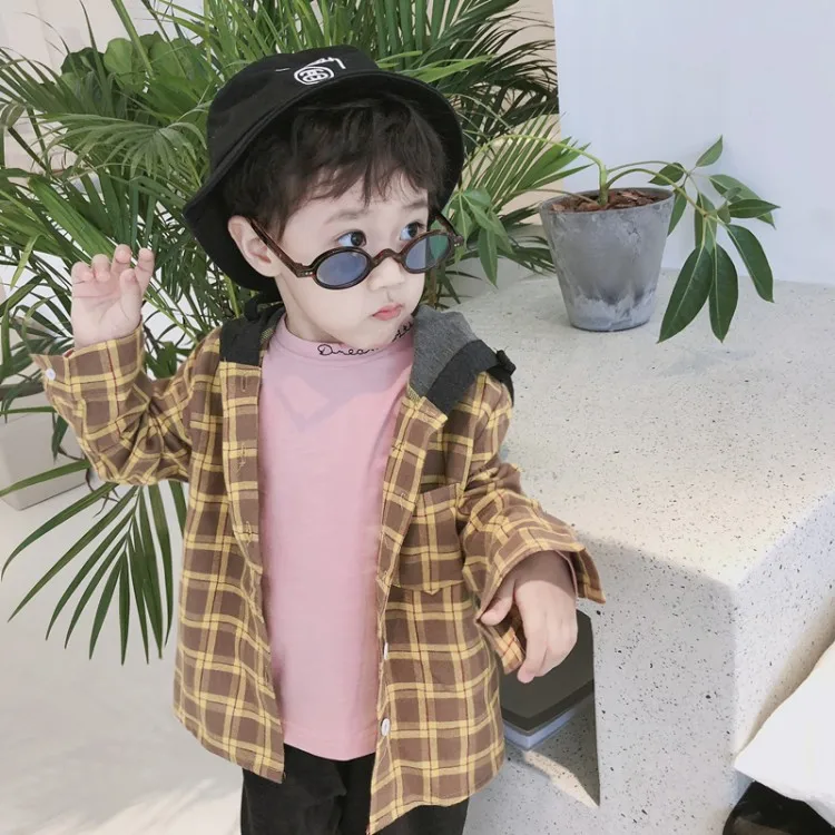 Рубашка с капюшоном для мальчиков повседневная клетчатая блузка верхняя одежда