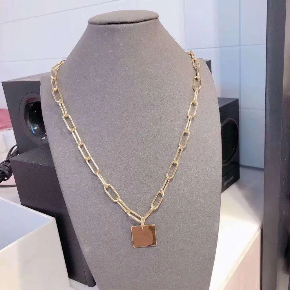 HUANZHI Square Pendant Simple Vintage Exaggeration Personality Gold Color Metal Long Chain Necklaces For Women Girls Jewelry