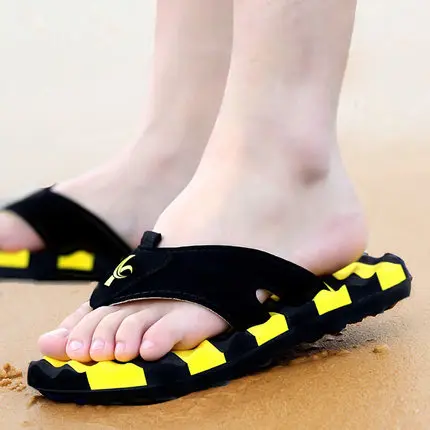 Yellow Летние модные мужские шлепанцы; нескользящие шлепанцы в Корейском стиле; пляжные шлепанцы; 01B - Цвет: Yellow