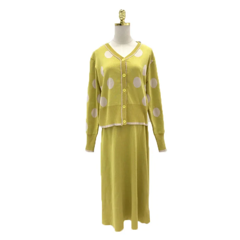 PERHAPS U women knit green gray long sleeve cardigan mid calf pencil midi skirt polka dot two pieces set elegant T0134 | Женская одежда