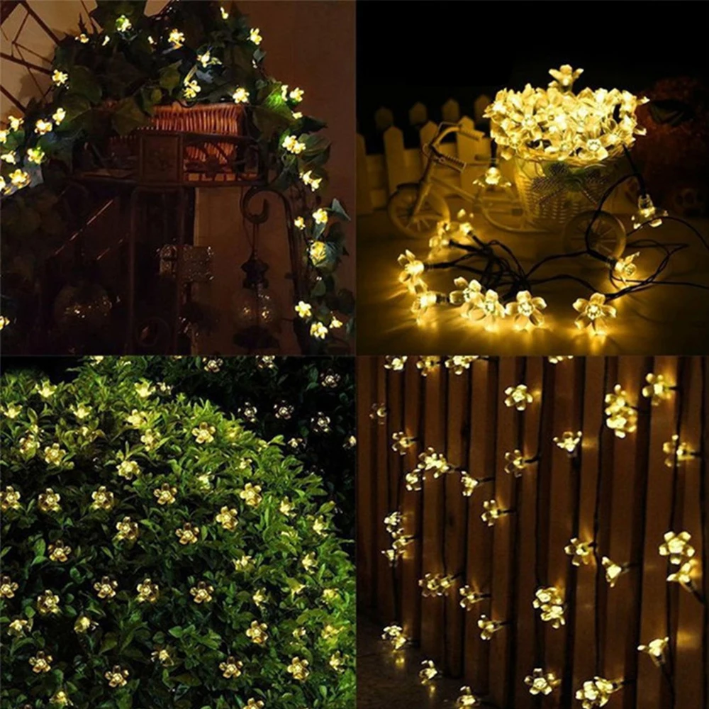 HUSUYUHU 50 LEDS Solar String Flowers Fairy Christmas Tree Light Party Wedding Peach Blossom Patio Outdoor Garland Led Lamp | Освещение
