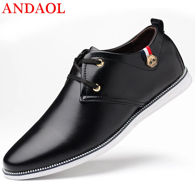 

ANDAOL Men's Leather Casual Shoes Top Quality Bright Leather Pointed Toe Massage Shoes New Luxury Lace-Up Office Business Shoes