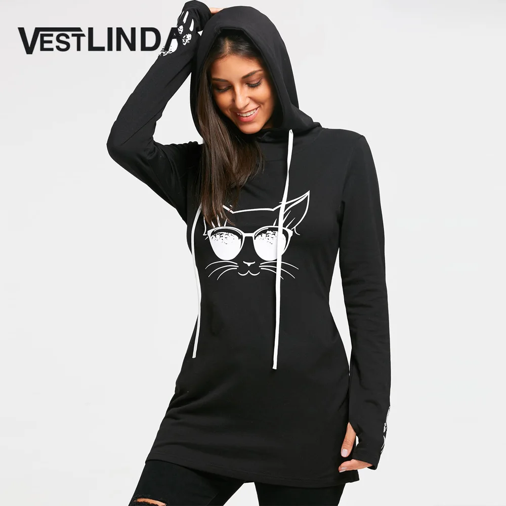 Женская толстовка с капюшоном VESTLINDA зимняя туника худи принтом кота Модный