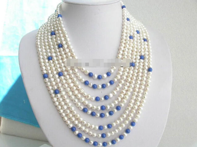 Stunning! 8rows white pearls Lapis Lazuli necklace