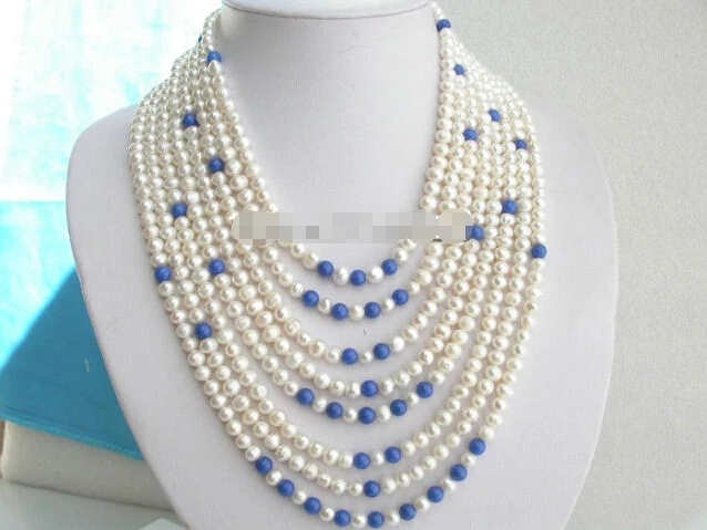 

Stunning! 8rows white pearls Lapis Lazuli necklace