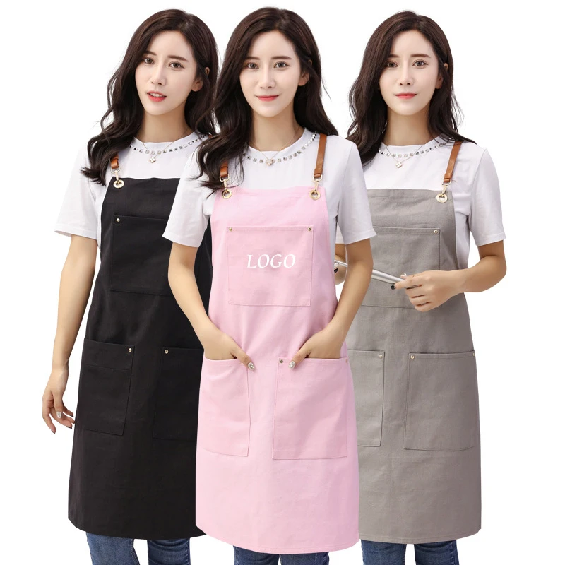 

2018 Canvas Apron Senior BBQ Bib Leather Chefer Kitchen Apron for Women Men Barber cooking Restaurant Waitress Print Logo Gift