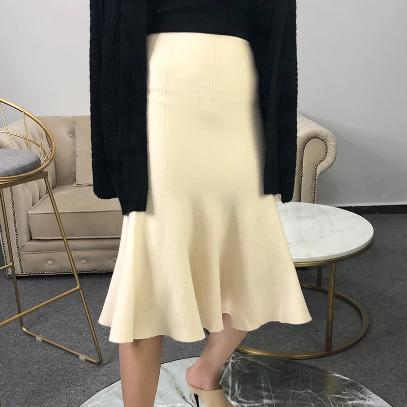 

JECH New Cashmere Wool Women Trumpet Skirts Fashion Solid Warm Mid-Calf Length Winter Autumn Female High Waist Skirt Female