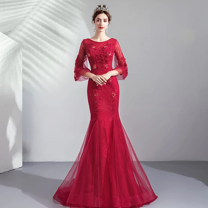 Elegant Burgundy Evening Dresses Three Quarter Length Sleeves Formal Party Gowns Mermaid Style Wedding | Свадьбы и торжества