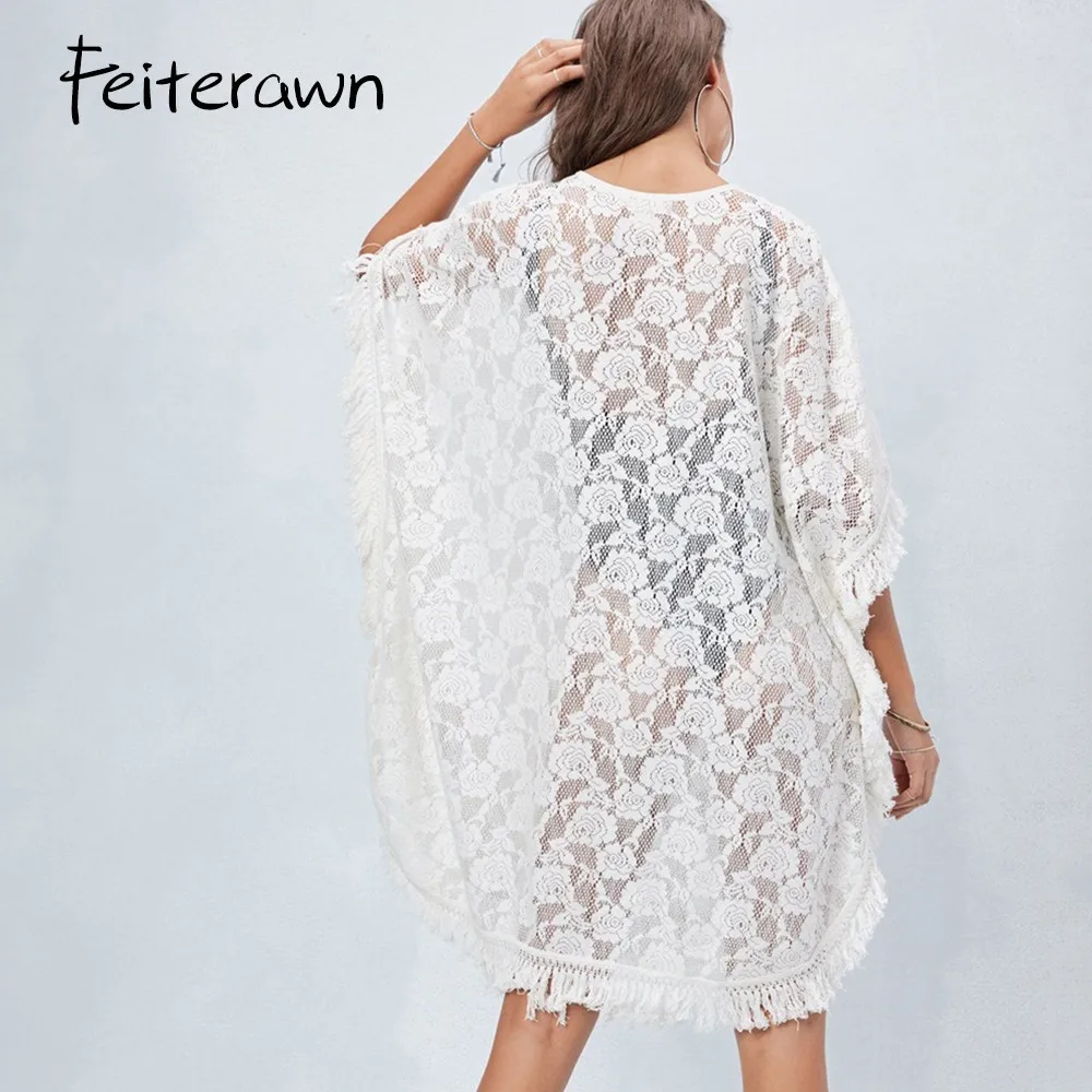 Feiterawn White Lace Up V Neck Dress Hollow Out Bikini Cover Ups Batwing Sleeve Tunic Beach Dresses For Women Strand Jurkjes |