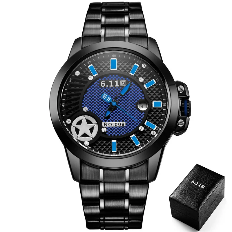 black blue 6,11 мужские s новые модные часы на солнечных батареях полностью стальные часы армейские военные уличные кварцевые наручные часы мужские спортивные часы no.009 - Цвет: black blue