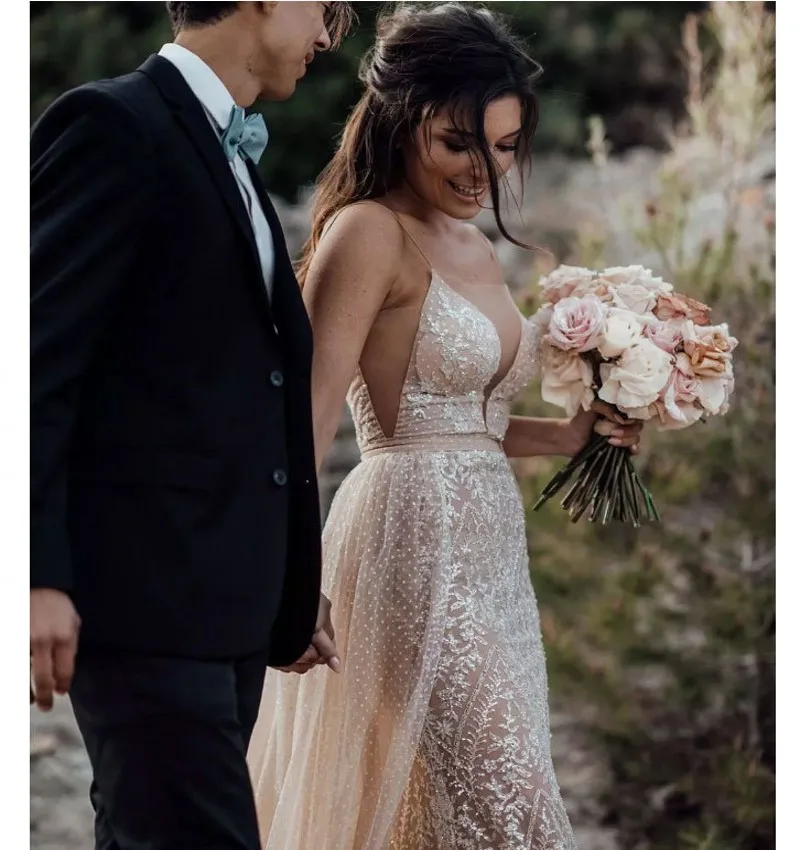 Vestido De Noiva роскошное кружевное свадебное платье Русалочки с блестками, сексуальное платье с v-образным вырезом, с открытой спиной, на бретельках, съемные Шлейфы для свадебных платьев
