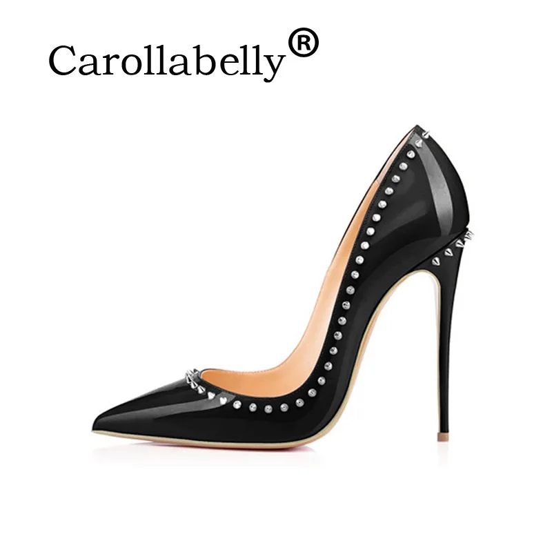 Женские туфли с заклепками черные красные на тонком высоком каблуке 12 см|high heels