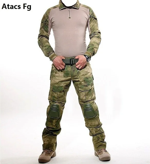 Atacs Fg Армейская тактическая камуфляжная военная форма, костюм для мужчин, армейская одежда США, военная боевая рубашка+ брюки-карго, наколенники - Цвет: Atacs Fg