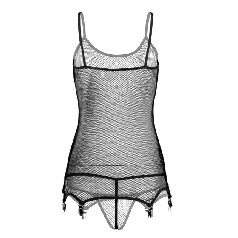 2Pcs Sexy Women Fishnet Lingerie Spaghetti Shoulder Straps Corset with Suspenders Clips Stockings Teddy Bodysuit with Briefs