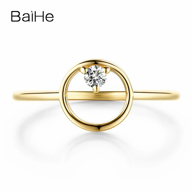 BAIHE Solid из 18 ти кратного желтого золота 0.05ct H/SI Круглый Природные Алмазы кольцо для