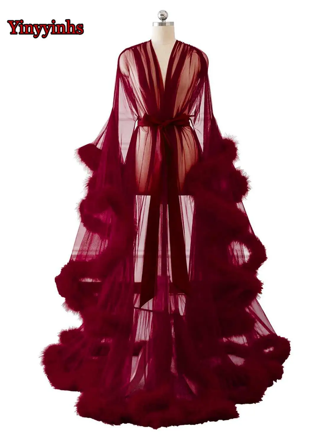 burgundy Элегантное vestido de festa длинное вечернее платье v-образный вырез перо длинный рукав Тюль размера плюс вечерние платья для выпускного вечера Robe De Soiree - Цвет: burgundy