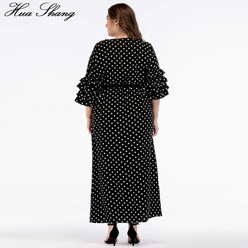 4XL размера плюс длинное платье в горошек для женщин осеннее с О образным вырезом и
