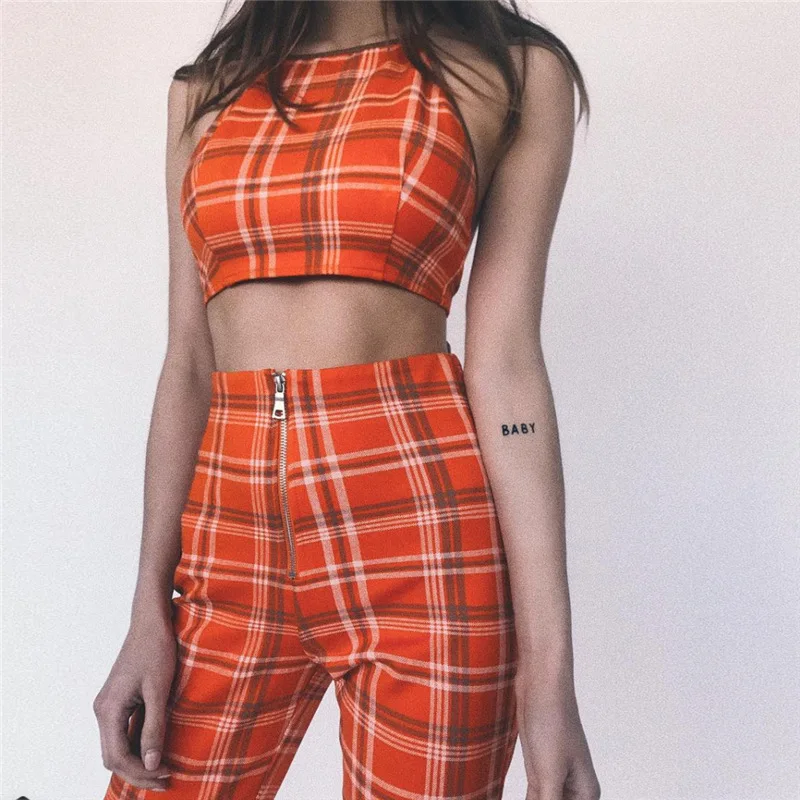 Для женщин клетчатый комплект из 2 частей модные боди со шнуровкой и вырезом на