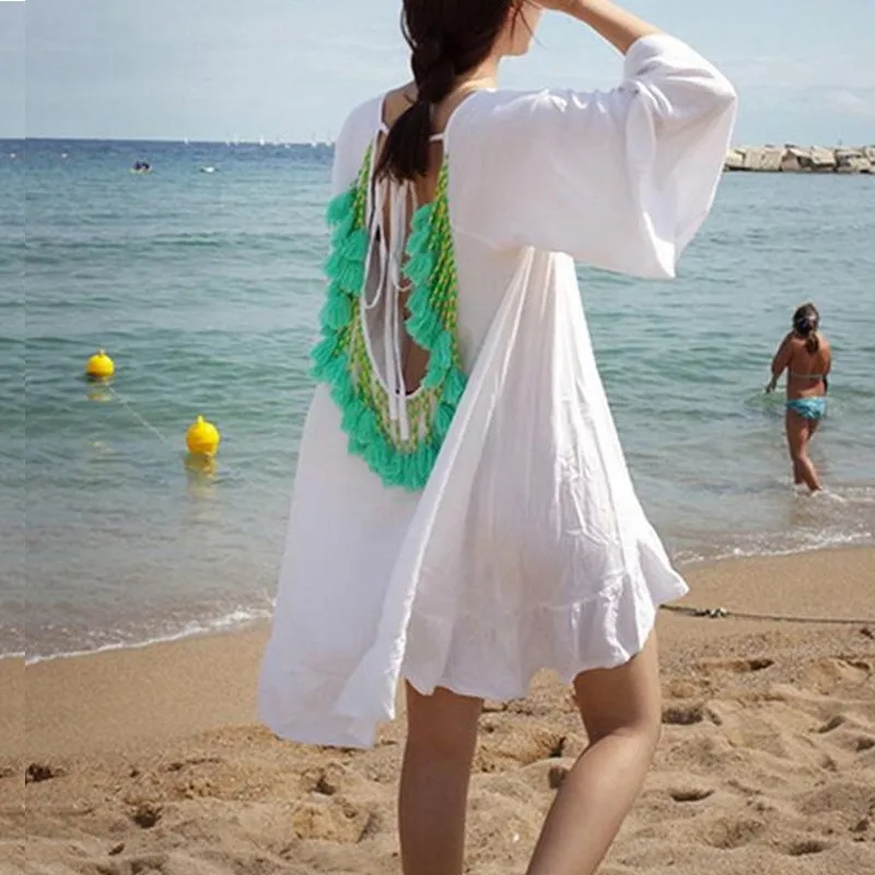 Женские летние платья 2017 открытая спина кисточки Пляжная накидка пляжная одежда