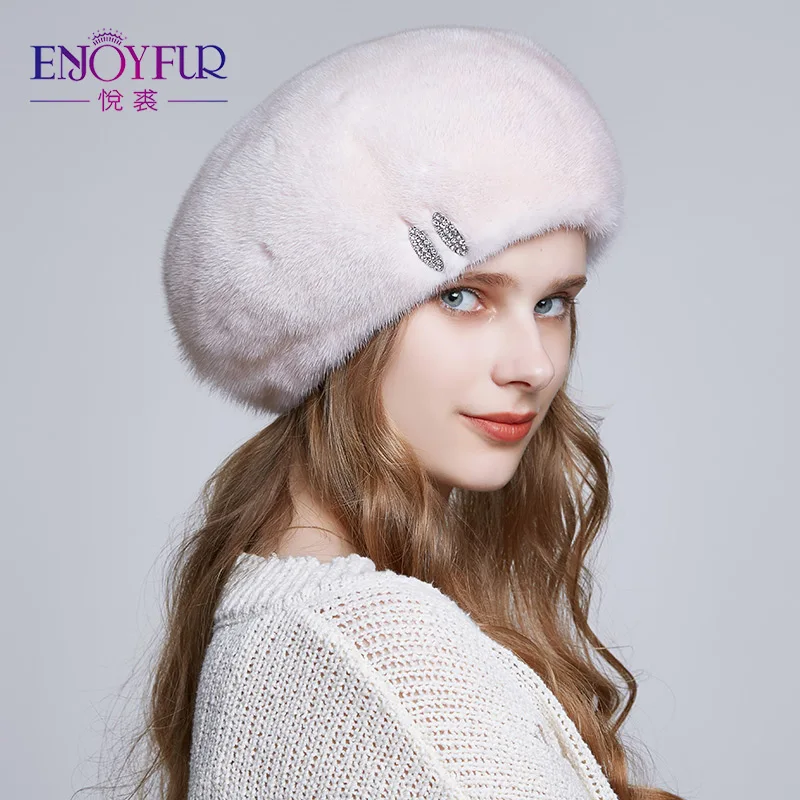 ENJOYFUR реального норки Шапки для Для женщин зимние меховые шапки с горный хрусталь украшения Меховой берет шляпа для леди высокого класса норки меховая шапка - Цвет: M16