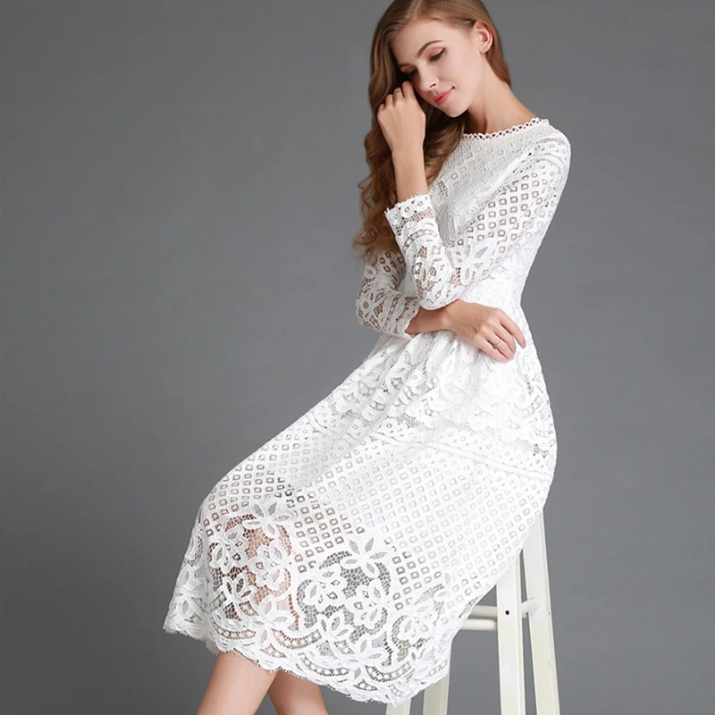 Весенние женские кружева выдалбливают Длинные платья Femme повседневная одежда