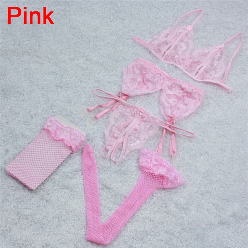 

4pcs/set Sexy Lace Underwear Women Bra Brief Sets Open Crotch G-String + Bra + Net Socks + Sling Lingerie Set 4 Colors