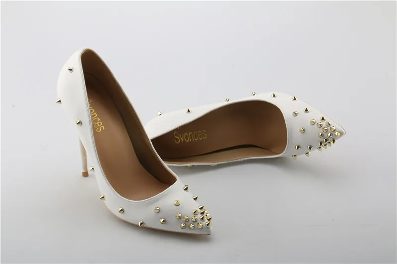 Fashion Elegant Women High Heels Pumps Luxury Gold Rivets Design Pointy White Sandals Sexy Thin Spikes Brand Zapatos Mujer | Обувь