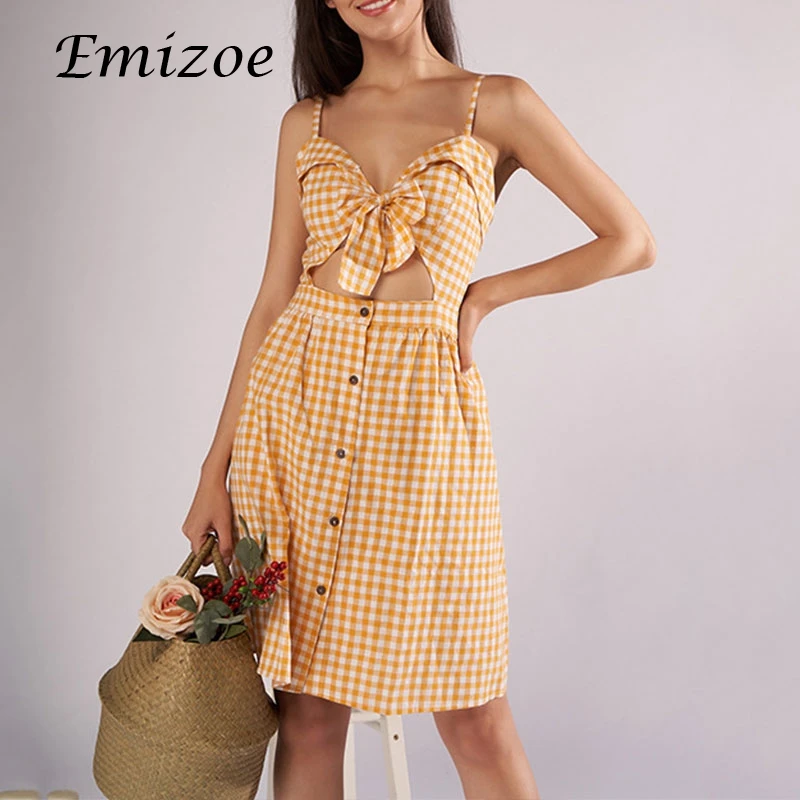 Emizoe 2018 Мода Винтаж Платье в клетку для женщин Повседневное лук кнопка спереди