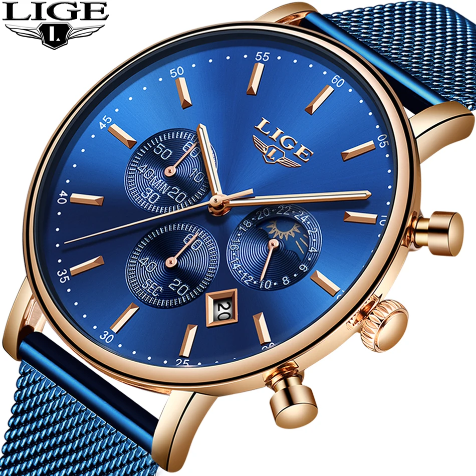 

LIGE New Watches Mens Top Brand Luxury Blue Casual Mesh Belt Fashion Quartz Watch Mens Waterproof Sports Watch Relogio Masculino