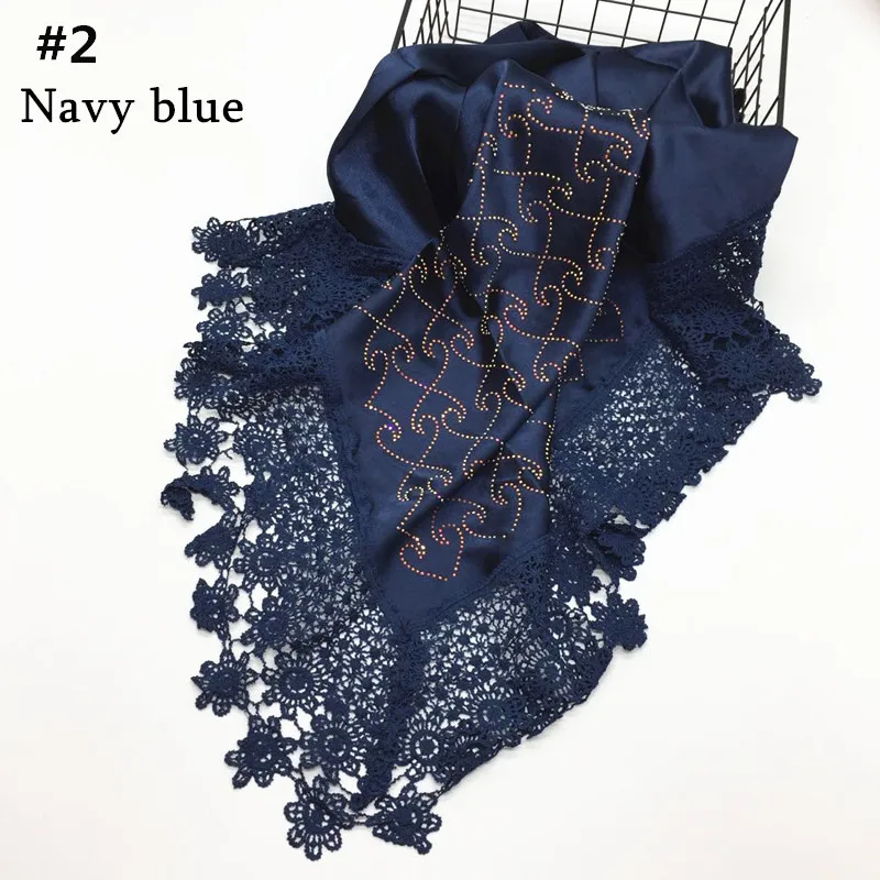 navy blue Турецкий женский хиджаб с вышивкой, Женский мусульманский хиджаб из искусственного шелка, хиджаб с кружевами и краями, исламский шарф - Цвет: navy blue