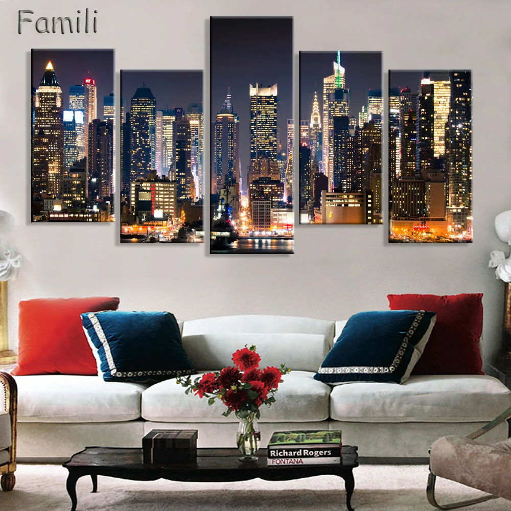

5Panels Wall Art Painting New York Manhattan Landscape Canvas Painting Canvas Poster Wall Pictures For Living Room Home Decor
