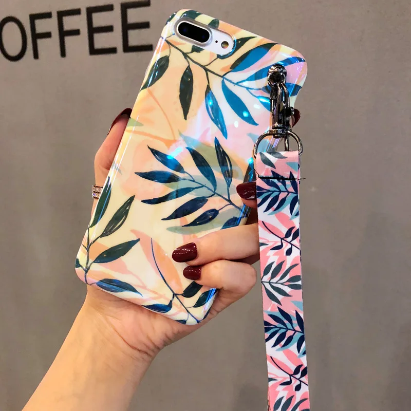 Blu-ray pink green leaf iPhone7 mobile phone shell x lanyard 6s all-inclusive anti-fall 8plus | Мобильные телефоны и