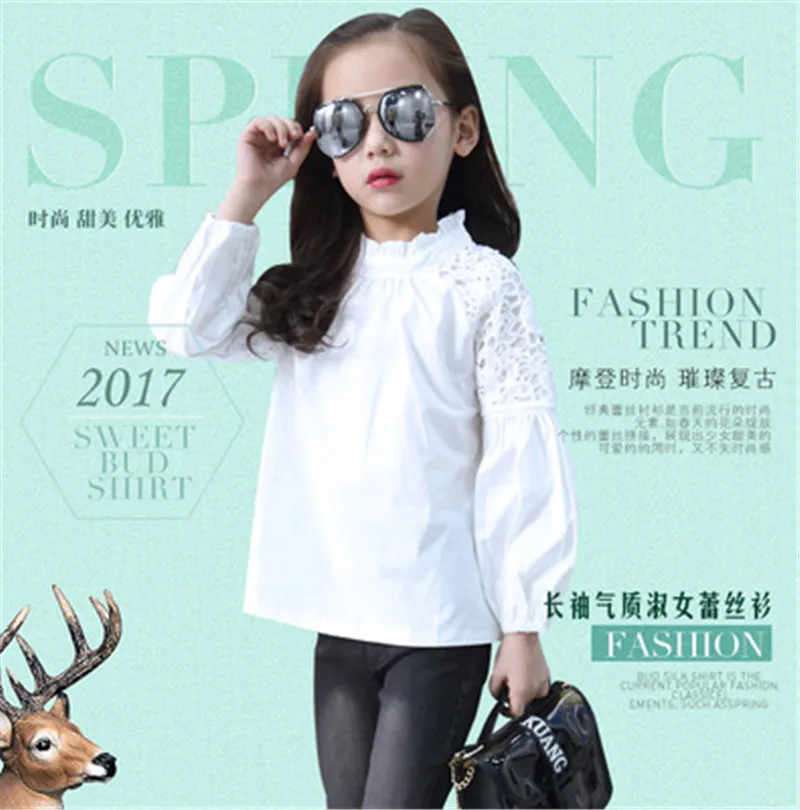 New Full Sleeve White Girls Shirts for School O-neck Girl Blouses Solid Tops Teenager Kids Children Clothing Clothes