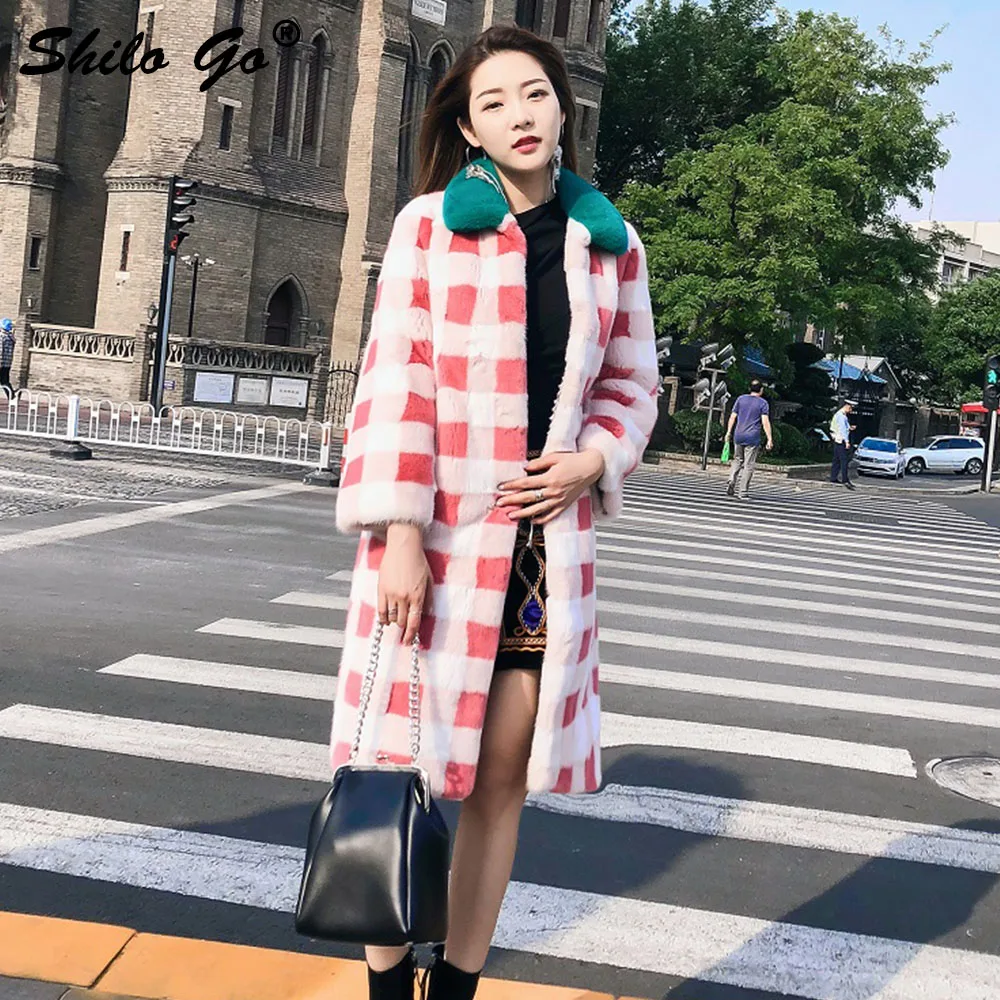 

Streetwear Fur Coat Womens Winter Fashion Grid whole real Mink Fur long coat fur Turn down collar coat female Warm Fur outwear