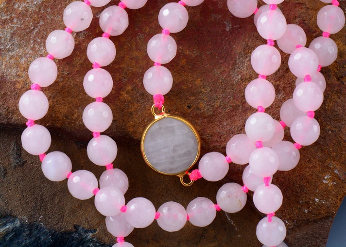 Women Beads Knotted Necklace 8MM Faceted Pink Quartz Lariat Luxury Bohemia Jewelry | Украшения и аксессуары