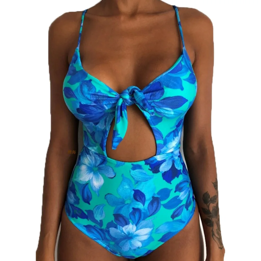 BYH2076 blue Полые боди, цельный сексуальный купальник, Цветочный купальник, с вырезами, бикини для женщин, пуш-ап, пляжная одежда, монокини с узлом на груди, купальный костюм - Цвет: BYH2076 blue
