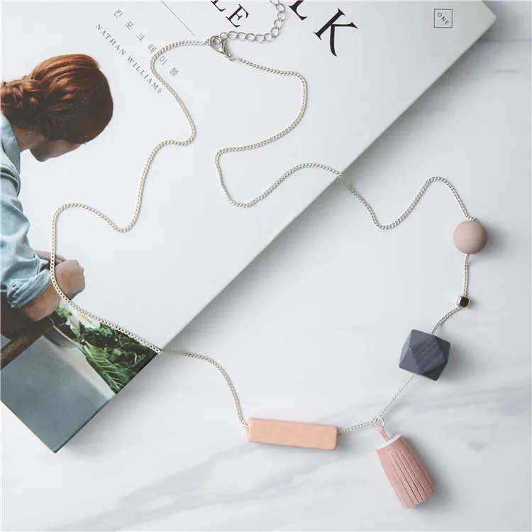 Women Leather Tassels Long Necklaces Sweater Chain Cute Mixed Colors Geometric Squares Pendant collares mujer kolye | Украшения и
