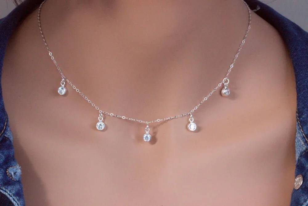 Ожерелье чокер из серебра 100% пробы с фианитом 5 шт.|drop necklace|fashion necklacenecklace drop |
