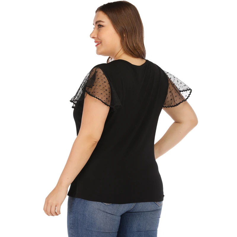 Women Plus Size 5XL Sheer Mesh blouse Polka Dot Lace V Neck Short Sleeves High Waist Slim Casual Tees Ladies Summer Tops |