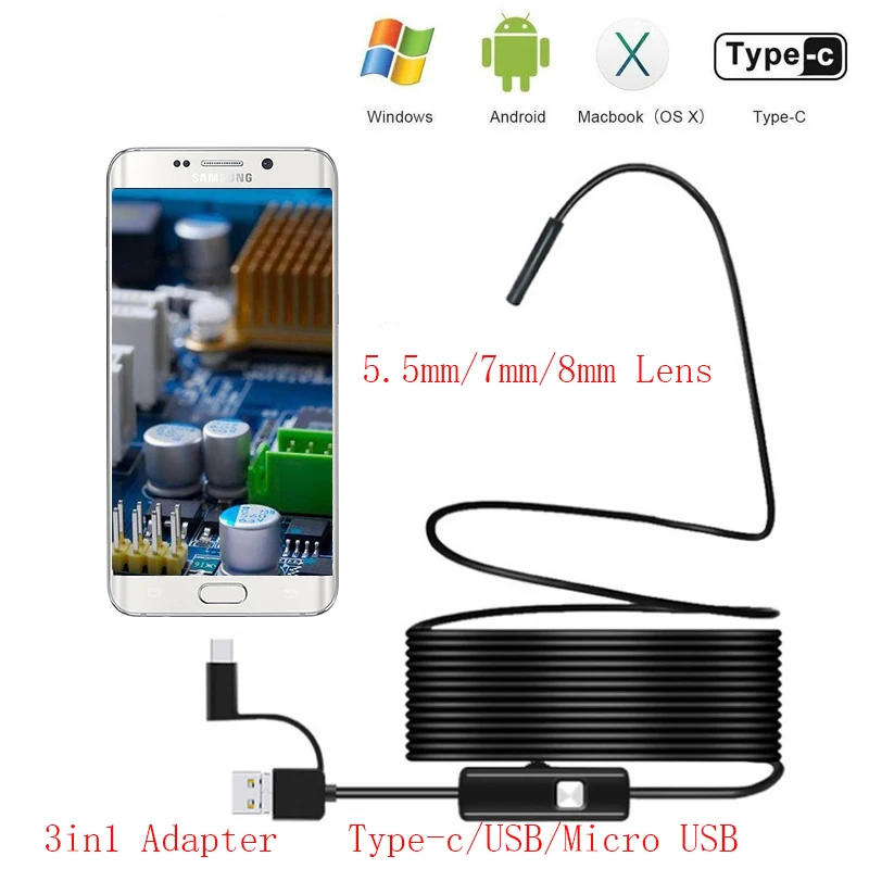 1 м 2 кабель 5 мм 7 объектив borescops TypeC/USB Android эндоскоп камера для осмотра ПК телефон