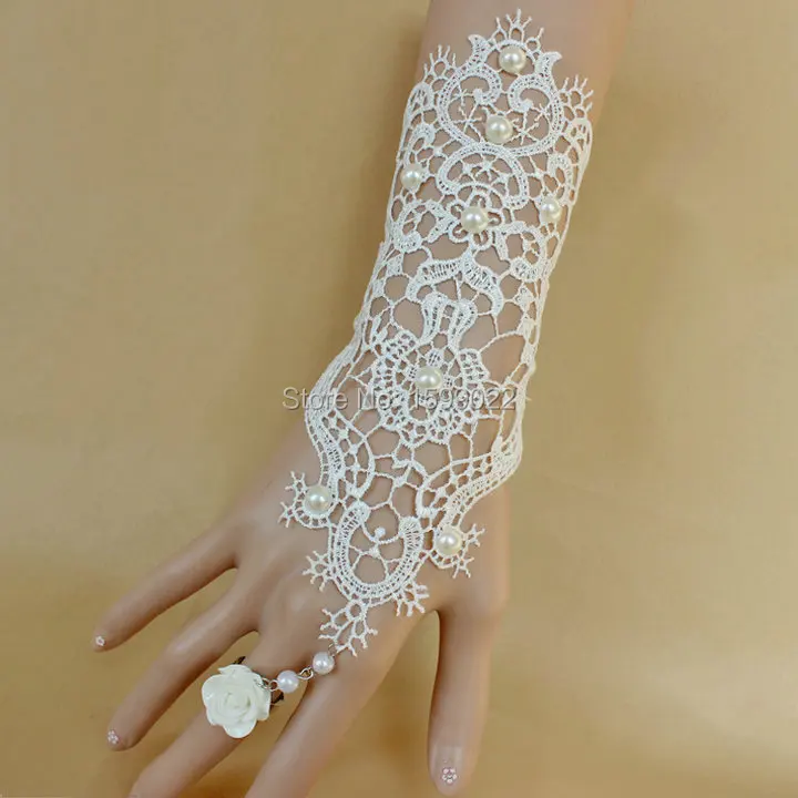 

Dashiatere Wedding White Lace Glove Finger Bracelet Set for Bride European Style Rose Flower Beads Bridal Hand Accessories
