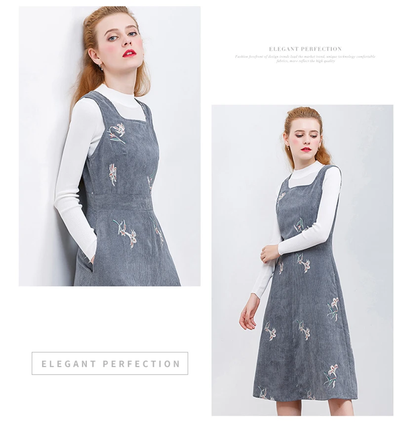HELIAR Winter Sleeveless Embroidery Corduroy Dress Elegant Women Velvet Dress A-Line Dresses Pocket Grey Vintage Vestidos