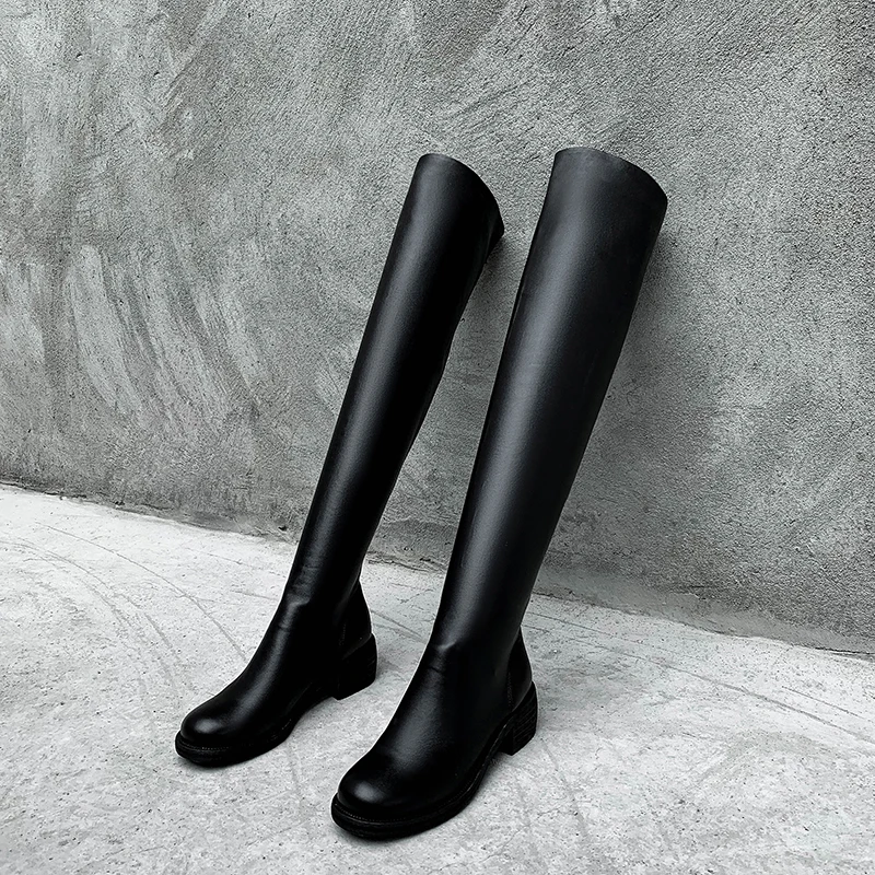 Женские ботфорты на толстом каблуке ISNOM черные мотоциклетные кожаные сапоги с